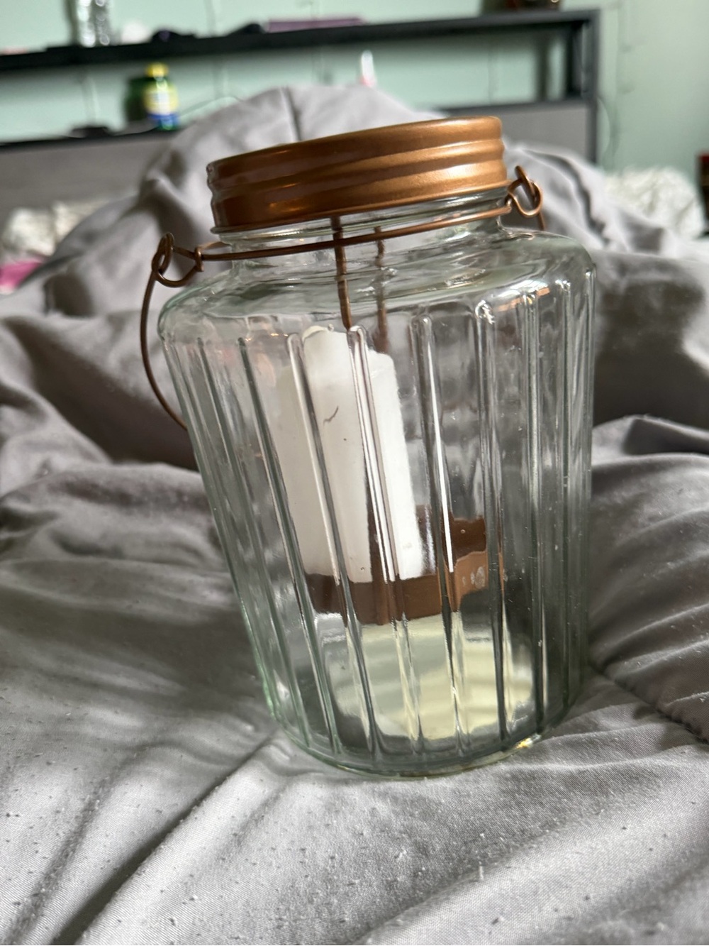 Vintage Ribbed Glass Lantern with Copper-Tone Lid